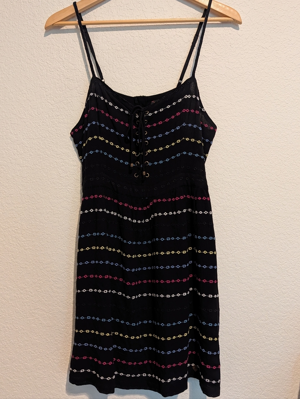 Superdry Black Strappy Mini Dress with Embroidered Multicolor Loop Stripes
